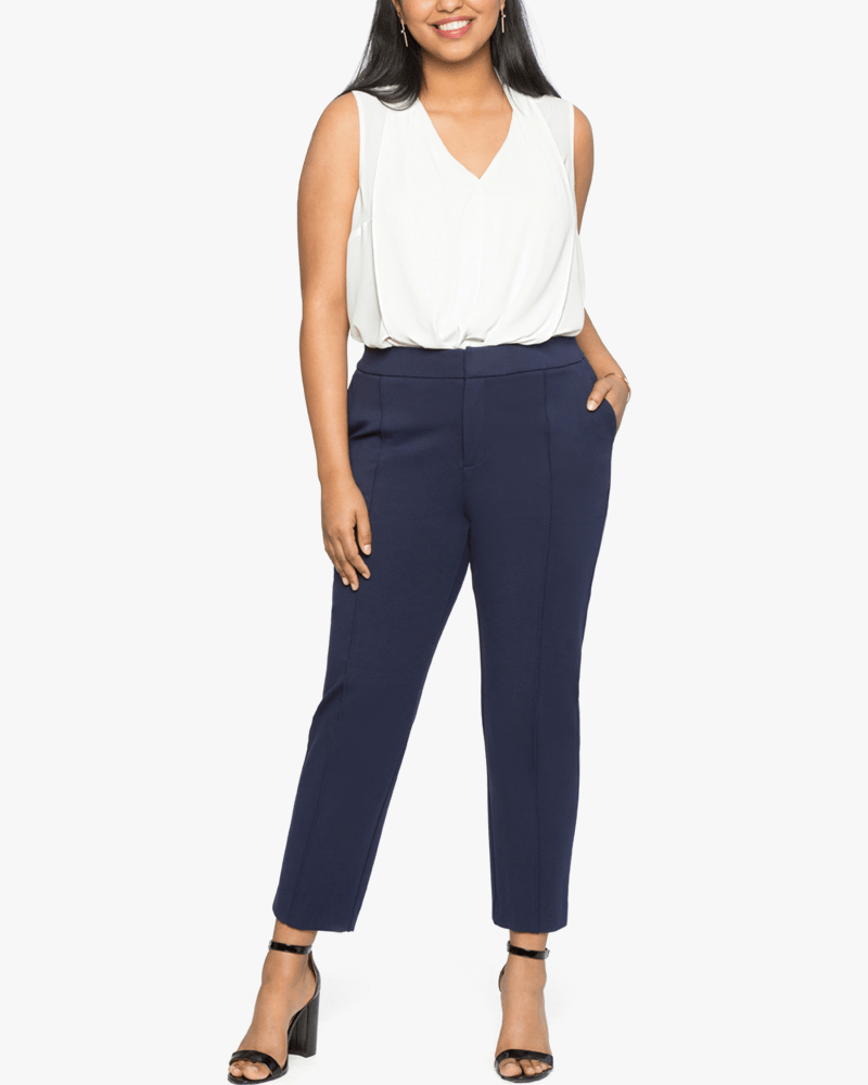 Front of a model wearing a size 14 Shannon Stretch Work Pant in Maritime Blue by ELOQUII. | dia_product_style_image_id:196148